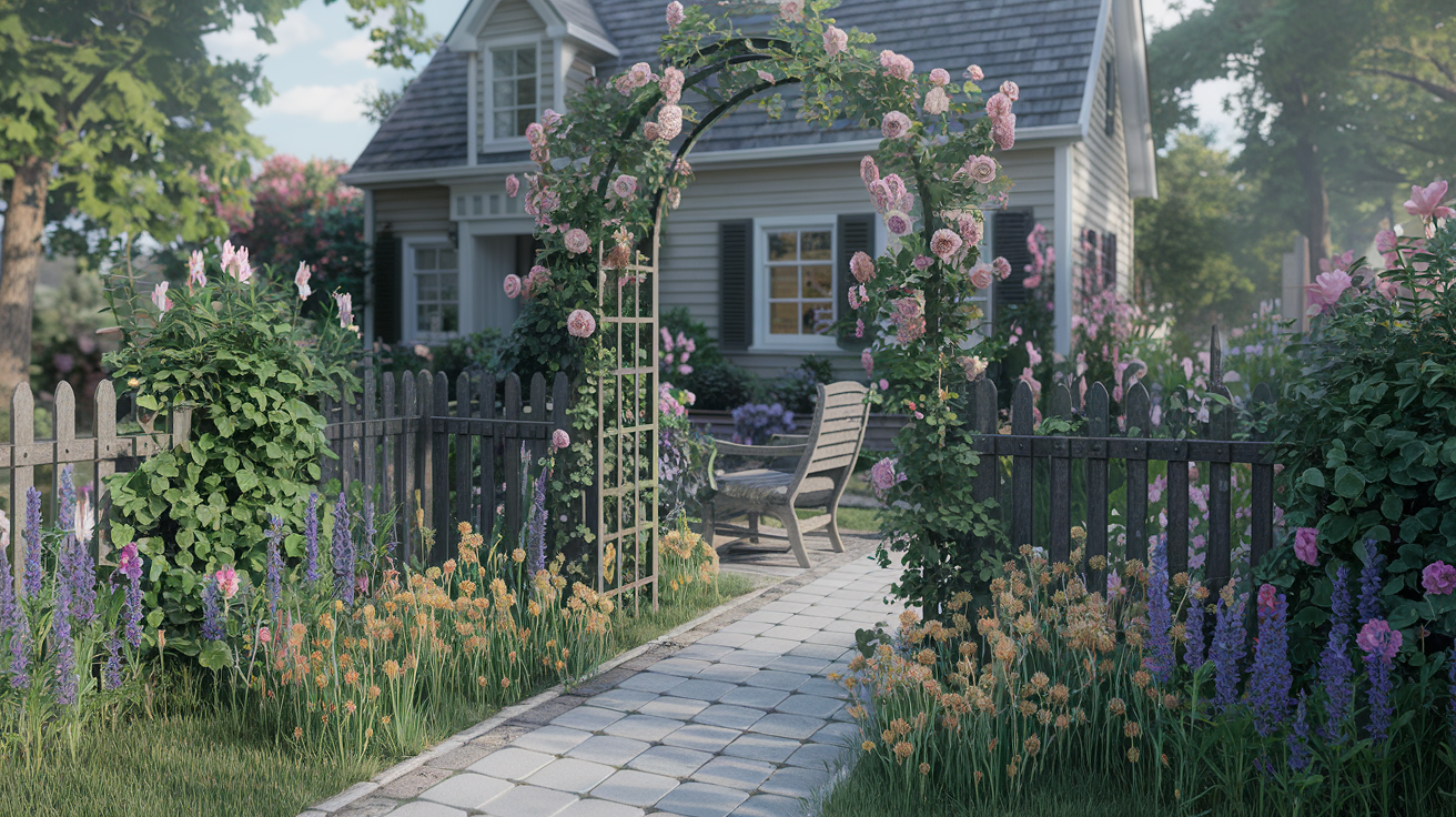 A small cottage garden with colorful perennial flowers, an archway with climbing roses, a picket fence with climbers threading through it and a paver pathway to a wooden seat setting, a charming American cottage on a bright sunny day.