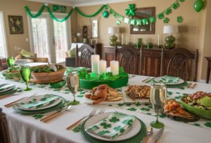 St Patrick's Day Food Low Carb: A low carb St Patrick's feast on a large table decorated with St Patrick's day table runner, napkins, plates, cutlery and wine glasses. Have an appropriate centerpiece and buffet low carb food. All in a warm home environment decorated for St Patrick's Day.