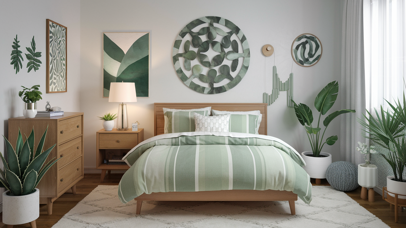 Teen Bedroom Ideas. A cozy teen bedroom with nature-inspired greenery decor, featuring wooden furniture, plants, and artistic wall decorations.
