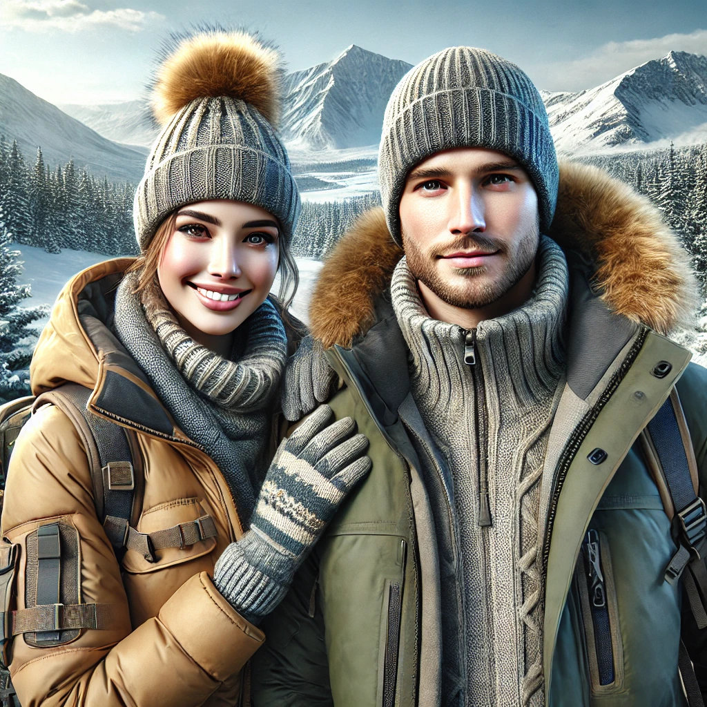 A man and a woman stylishly dressed in layers of winter clothing including hats and gloves and winter jackets. One of the 7 Must-Have Winter Travel Tips for a Stress-Free, Cozy Adventure!