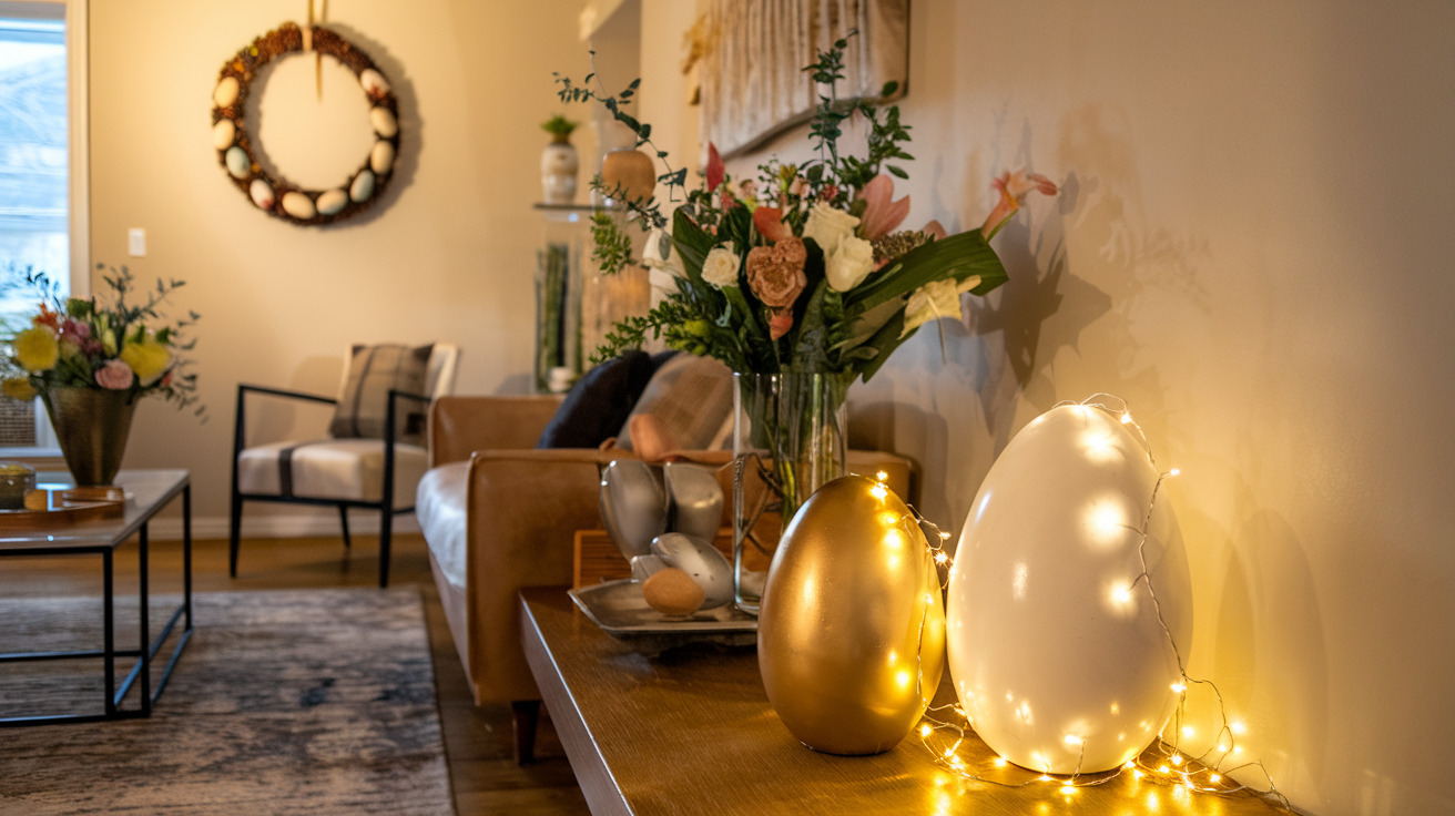 A warm modern living room elegantly decorated for Easter with fairy lights, gold and white egg sculpture, floral arrangements and pine cone and egg wreath.