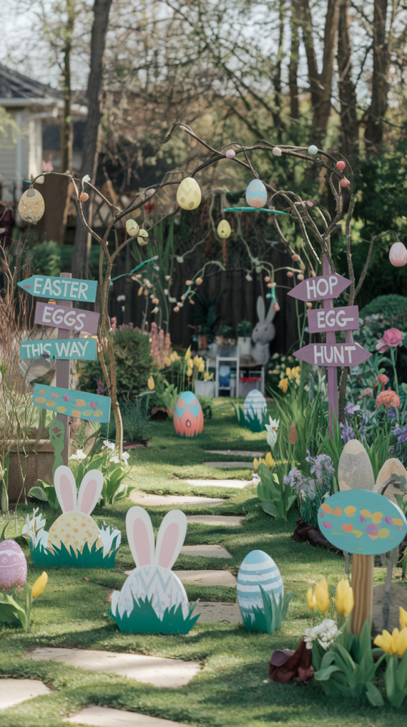 Colorful Easter egg hunt decorations with bunny signs and pastel eggs in a garden setting.