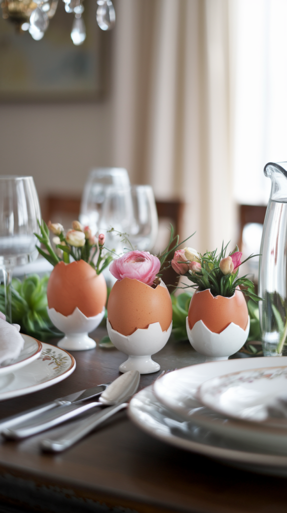 Three vases made from egg shells with pink roses and white lilies on a table.