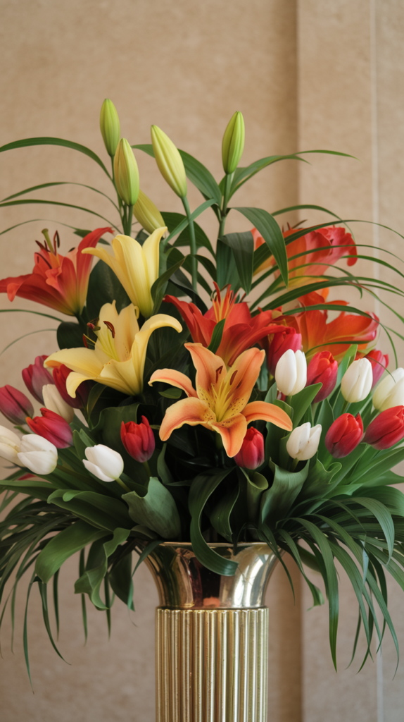 A colorful floral arrangement featuring tulips and lilies in a decorative vase.