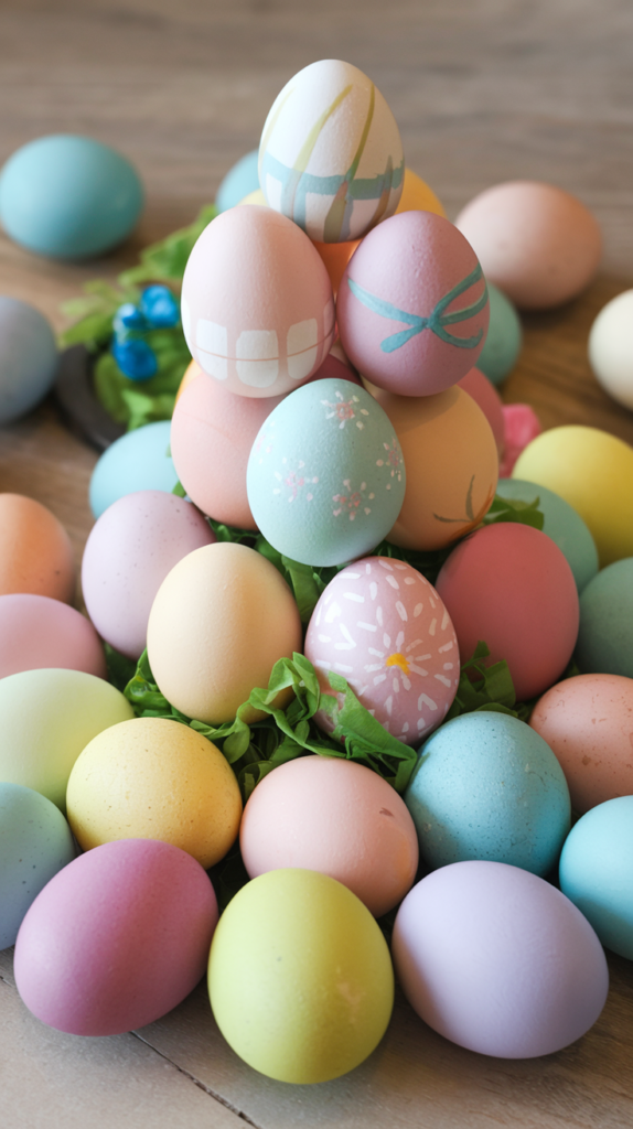 A stack of colorful eggs with more eggs scattered around.