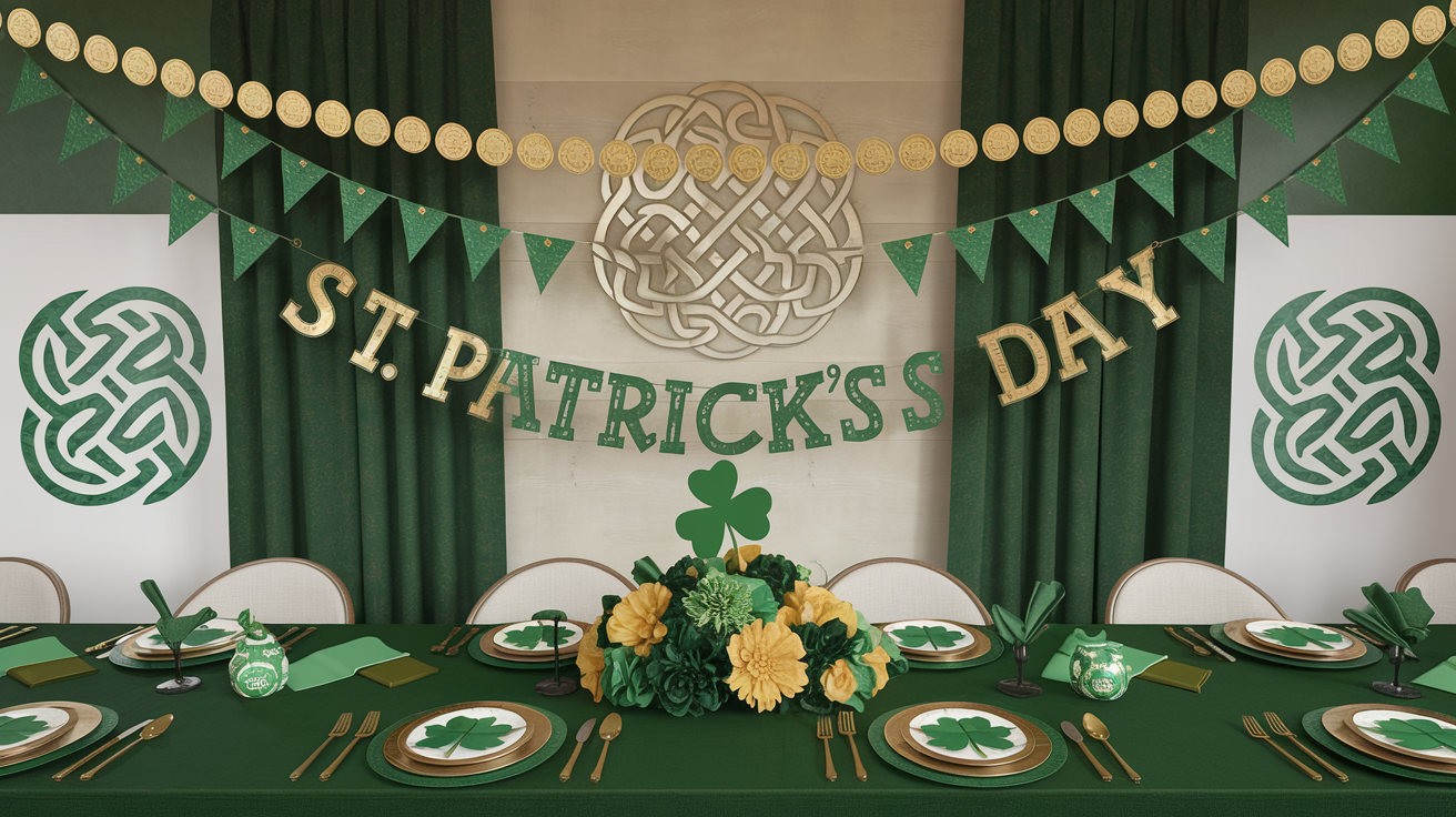 St Patrick's Day Decorations: Saint Patrick’s Day Party Decor setup including gold coin garland, emerald green table settings, St Patricks Day banner and bunting, Celtic knot wall art and a shamrock and green and gold flower centerpiece.