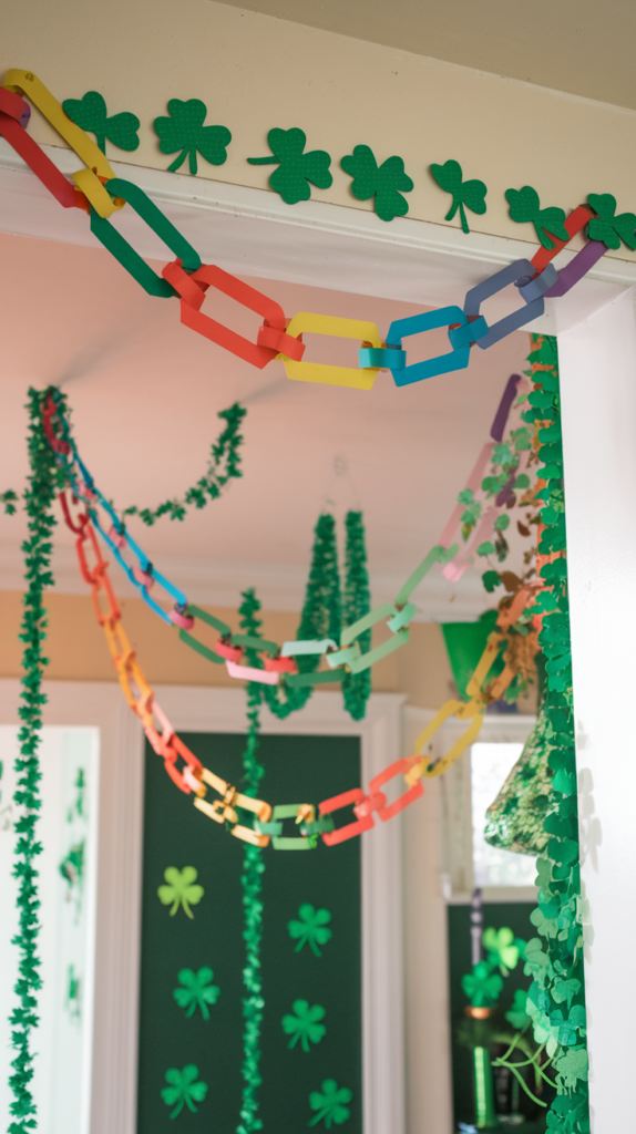 St Patrick's Day Crafts: Rainbow and green paper chain links decorating a doorway and walls.