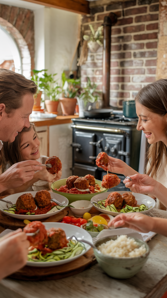 Low Carb Meatballs Recipe. A family enjoying a meal of succulent savory meatballs with marinara sauce and dipping sauce with zucchini noodles and cauliflower rice on a lovely wooden table in a warm kitchen environment