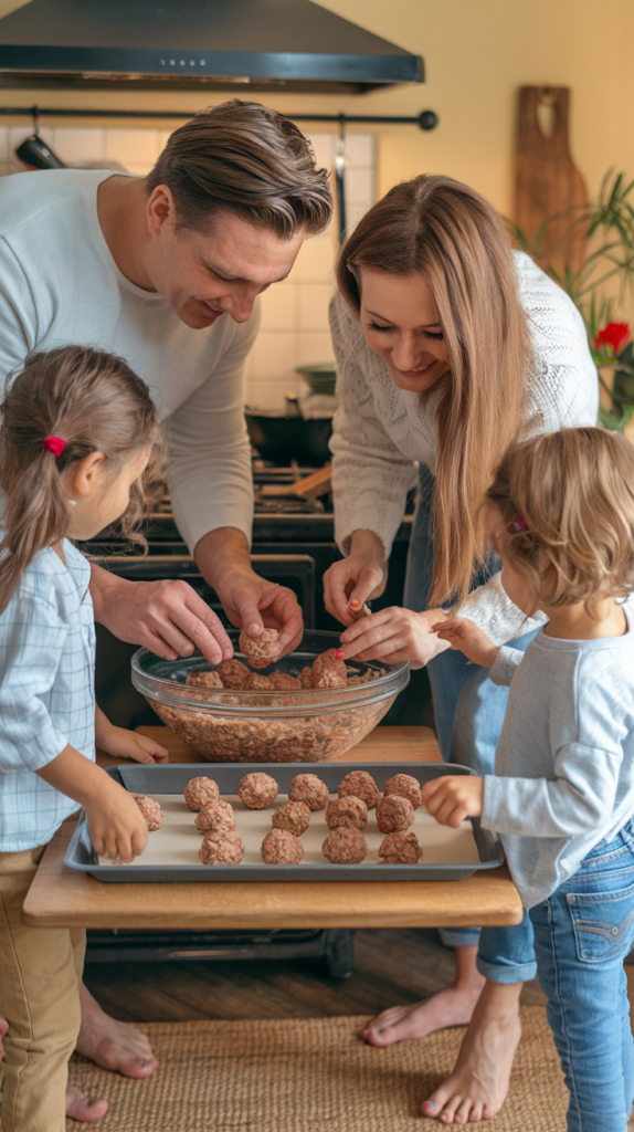 Low carb meatballs recipe. A young family in a warm kitchen environment enjoying learning how to cook. They are standing around a bowl of meatball mixture and shaping meatballs, putting them on trays to go in the oven. A great family learning experience.