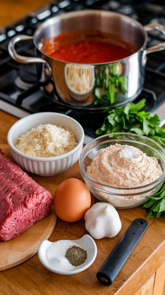 Low carb meatballs recipe. Healthy ingredients ready to be mixed into meatballs. On the stove is a large pot of low carb marinara sauce.
