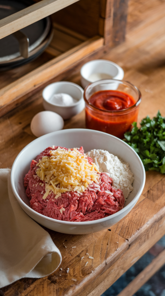 Low carb meatballs recipe. Healthy ingredients ready to be mixed into meatballs.