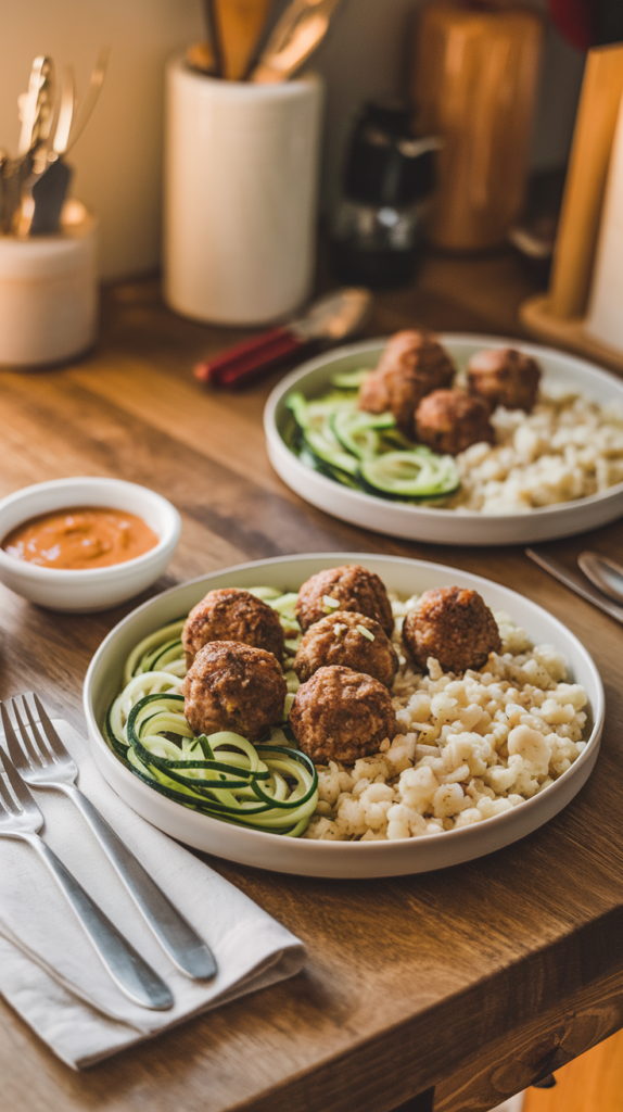 Low Carb Meatballs Recipe. Savory Low carb keto meatballs with zucchini noodles and cauliflower rice served in 2 dishes.
