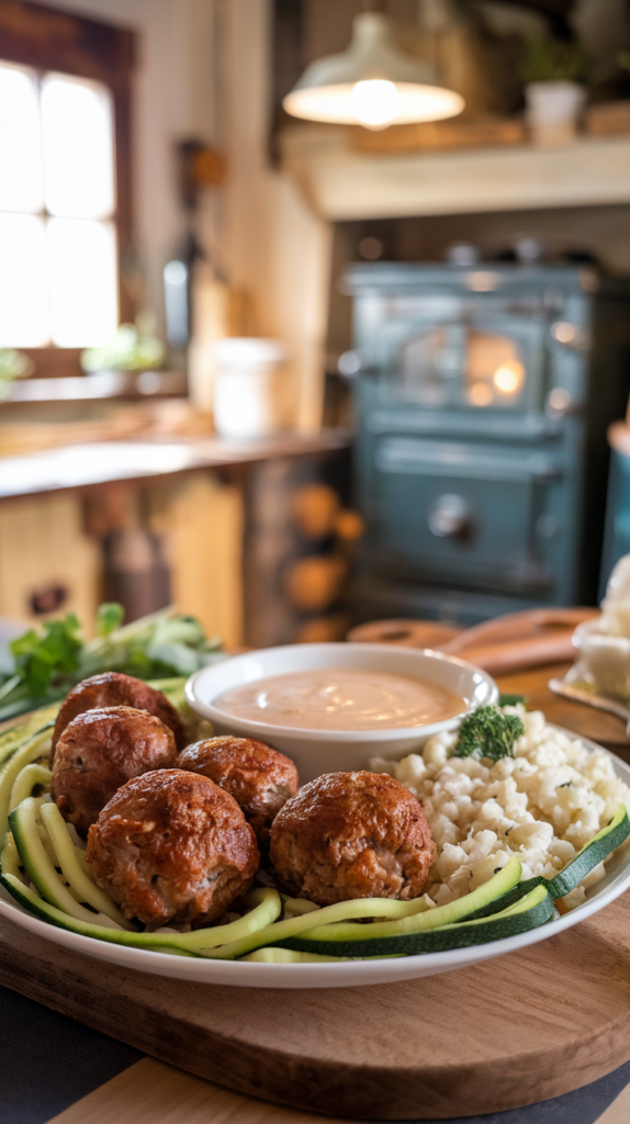Low Carb Meatballs Recipe. Savory low carb keto meatballs served with zucchini noodles and cauliflower rice all on a white dinner plate with a dipping sauce.