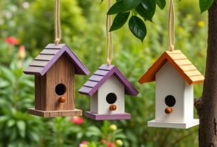 DIY woodworking projects to sell: Bird houses. Three attractive birdhouses hanging from a tree branch