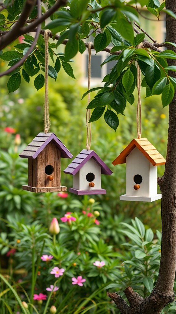 DIY woodworking projects to sell: Bird houses. Three attractive birdhouses hanging from a tree branch