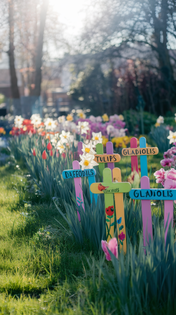  Dollar Tree crafts to sell: A garden filled with colorful stakes showcasing plant names like "daffodils" "tulips" and "gladiolis"  or just fun painted  designs with flowers and birds on them. 