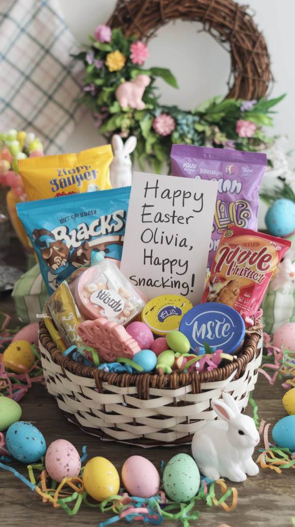 Easter basket ideas for teens: a beautifully arranged easter basket filled with personalized snacks, candy, and a handwritten note saying "Happy Easter Olivia, Happy Snacking!". surrounded by colorful decorations