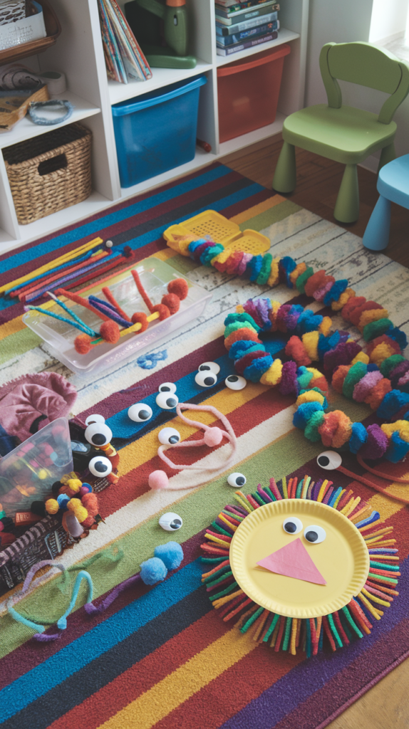 A colorful children's craft area with toys, vibrant decorations, and crafting supplies.