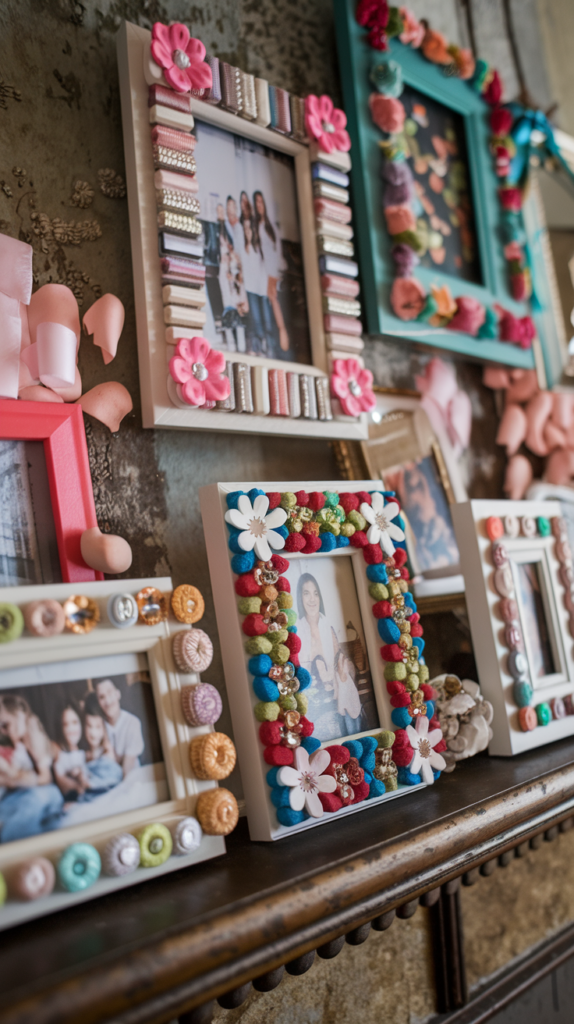 A collection of decorated dollar tree frames decorated with dollar tree items and personalized.
