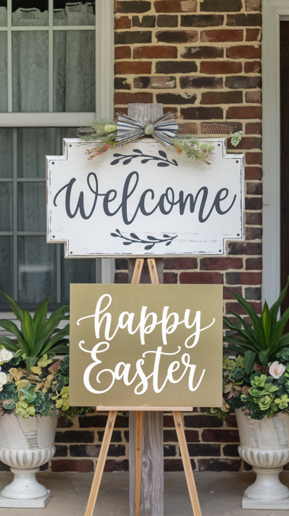 Decorative wooden signs for the porch of a festive home. The signs read Welcome and Happy Easter.