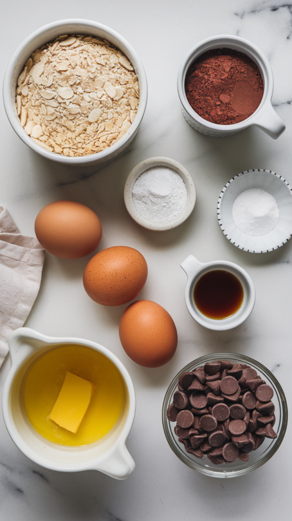 Low Carb brownie ingredients on a white bench including eggs, melted butter, sugar free chocolate chips, almond flour cocoa, erythritol.