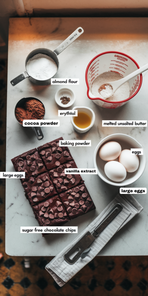 Low Carb brownie ingredients on a white bench including eggs, melted butter, sugar free chocolate chips, almond flour cocoa, erythritol. baking powder