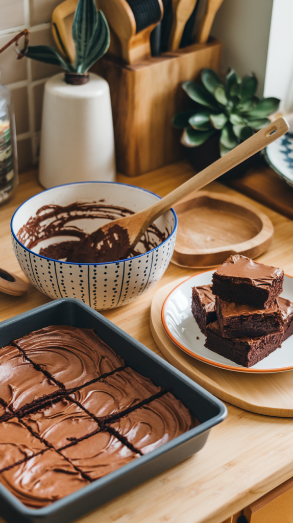 Mixing and preparing the low carb brownie recipe. A white and blue bowl of mixture with a wooden spoon beside a tray of iced brownie slices and slices on a plate.