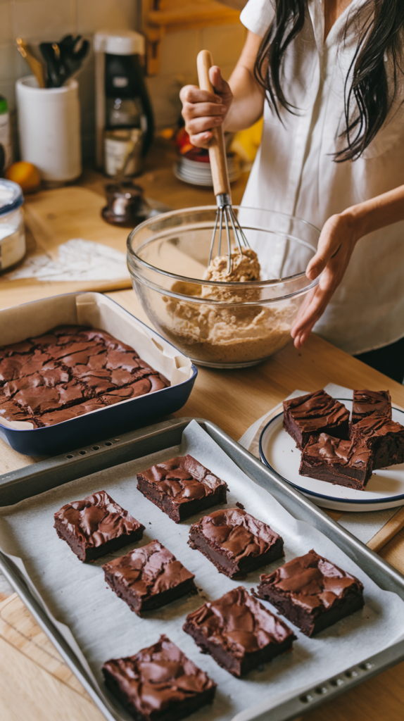 A young Mom Mixing and preparing the low carb brownie recipe. A clear bowl of mixture with a whisk beside a tray of iced brownie slices and slices on a plate.