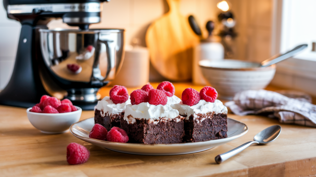 low carb brownie slices topped with whipped cream and raspberries on a plate sitting on a bench. Behind the plate is a stainless steel electric mixer.