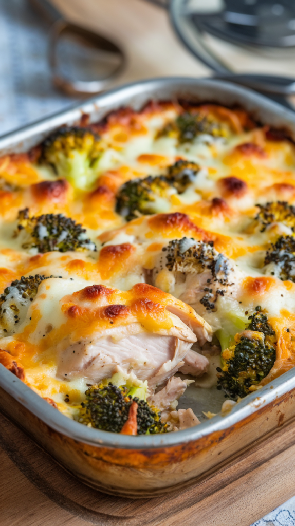 Easy Low Carb Chicken Casserole Recipe showing a casserole in a serving dish