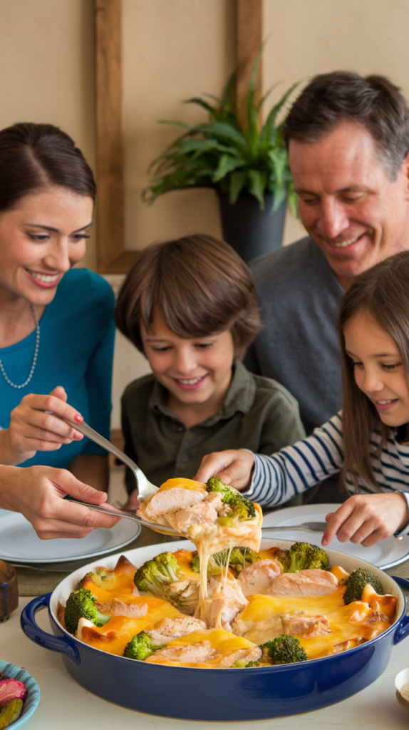 Easy Low Carb Chicken Casserole Recipe showing the family enjoying the creamy cheesy delicious low carb chicken casserole