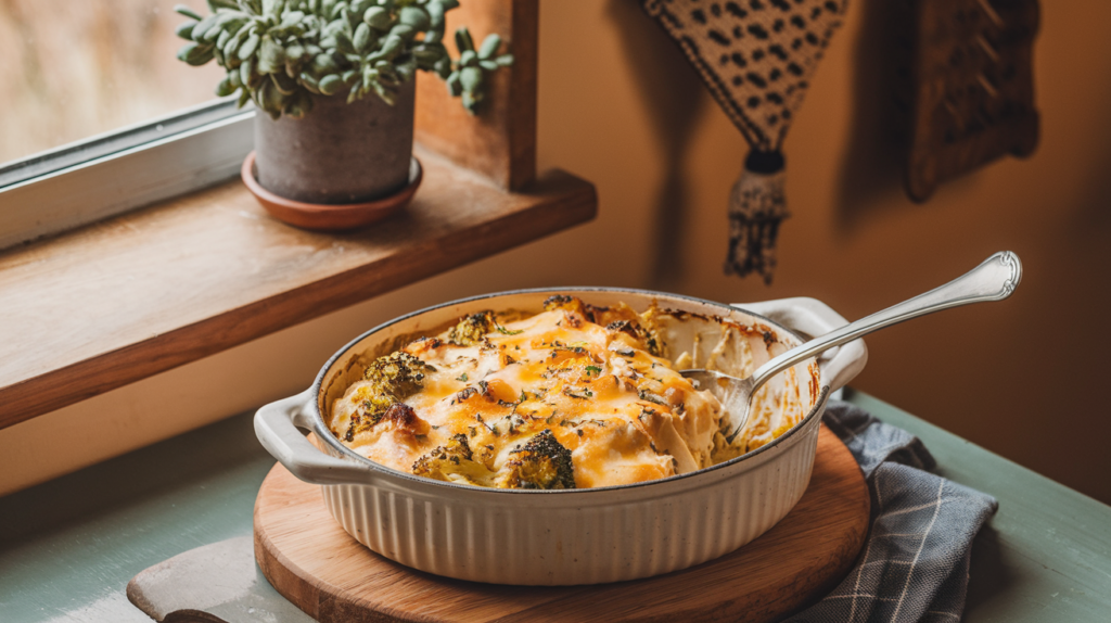 Easy Low Carb Chicken Casserole Recipe showing a casserole in a serving dish with a spoon on a wooden tray in a warm kitchen environment.