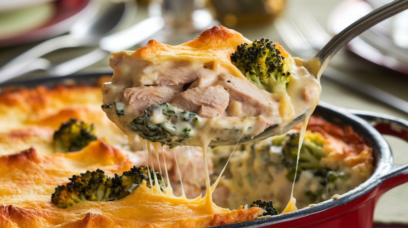 Creamy, cheesy easy low carb chicken casserole recipe showing a serving spoon lifting a spoonful of creamy cheesy casserole from the serving dish.