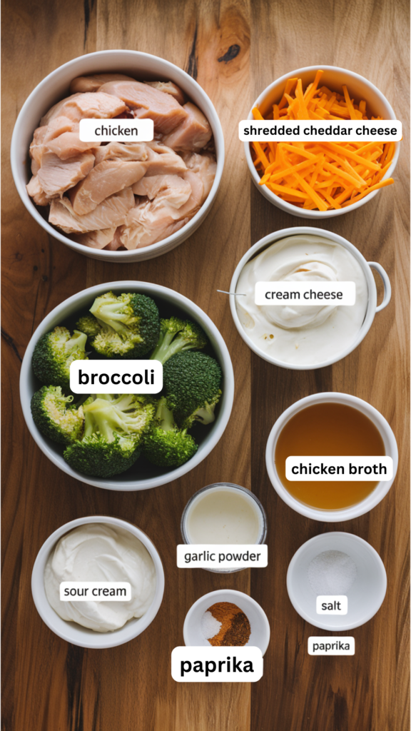 Easy Low Carb Chicken Casserole Recipe showing a flat lay of  the ingredients ready to make the casserole