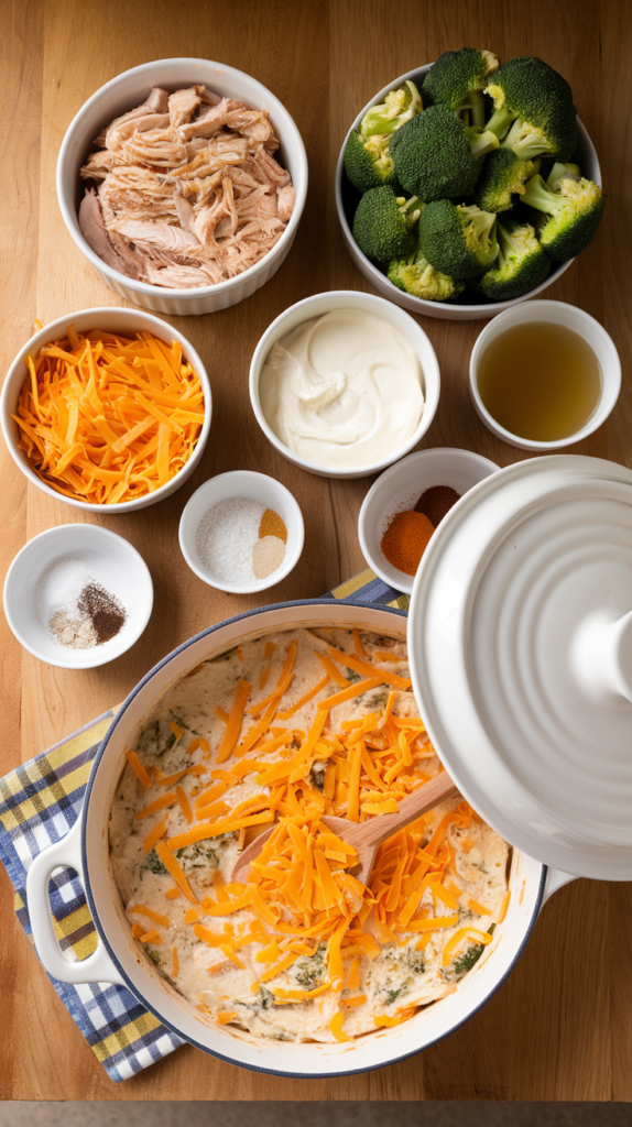 Easy Low Carb Chicken Casserole Recipe showing the ingredients ready to make the casserole in an oven proof dish