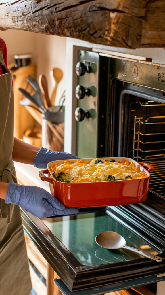 Easy Low Carb Chicken Casserole Recipe showing the casserole coming out of the oven with a cook with oven gloves holding it.