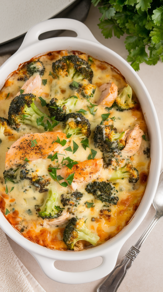 Easy Low Carb Chicken Casserole Recipe showing the casserole sprinkled with parsley