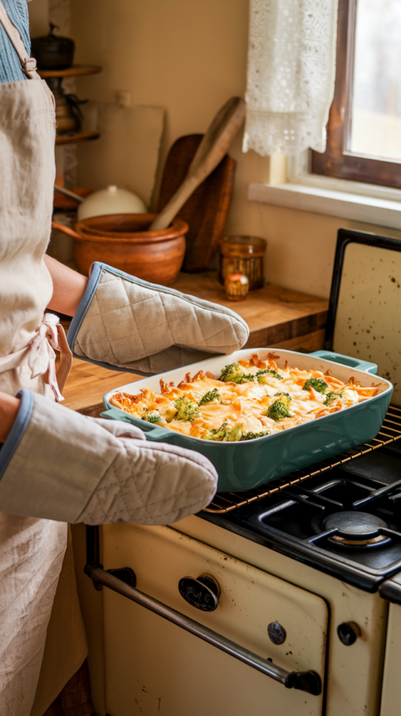 Easy Low Carb Chicken Casserole Recipe showing the creamy cheesy delicious easy low carb chicken casserole being put on to a tray to cool  by a cook wearing oven gloves.
