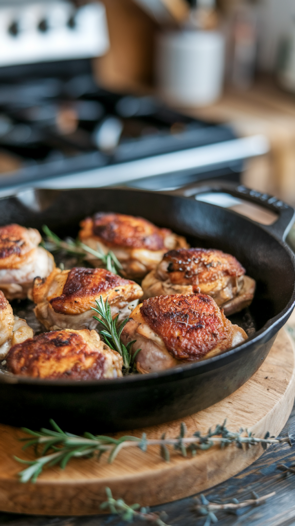 A cast iron skillet filled with low carb crispy baked chicken thighs recipe , sizzling hot from the oven.