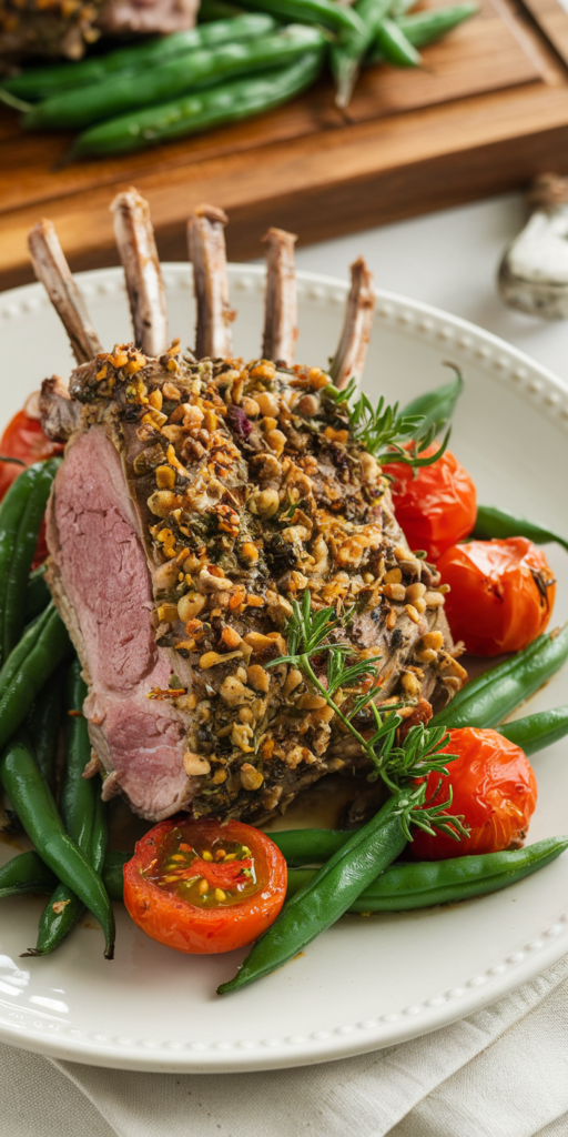 Herb-Crusted Rack of Lamb served with green beans and tomatoes