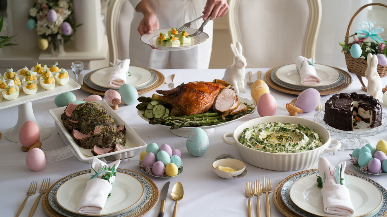 a beautifully decorated Easter table with a person serving on to a plate and serving dishes of deviled eggs, asparagus, and roasted turkey breast and herb crusted rack of lamb, creamy spinach dip with raw vegetables, and chocolate cake.