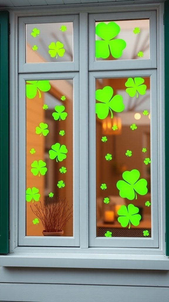 St Patrick's Day Decorations:
Window decorated with green shamrock clings for St. Patrick's Day