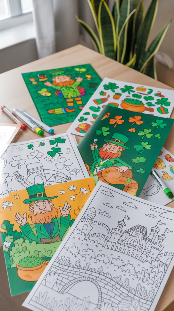 St Patrick's Day crafts: Coloring pages for St. Patrick's Day with colored pencils and decorations