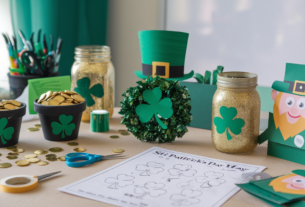 St Patricks Day Crafts: craft table of St Patrick's Day crafts including painted pots of gold coins, leprechaun hats, gold glittered mason jars with shamrocks on them, shamrock wreath, St Patrick's Day coloring pages, paper leprechaun puppets in a crafting environment.