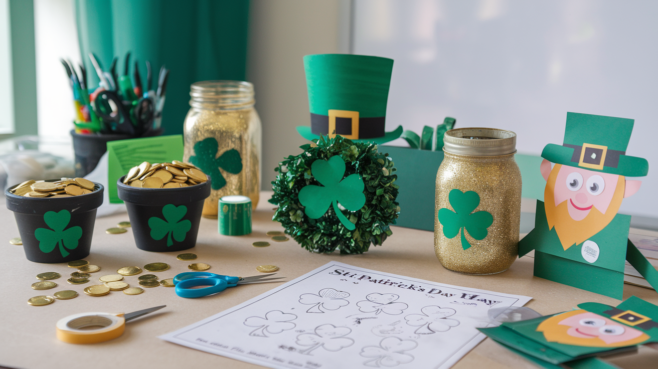 St Patricks Day Crafts: craft table of St Patrick's Day crafts including painted pots of gold coins, leprechaun hats, gold glittered mason jars with shamrocks on them, shamrock wreath, St Patrick's Day coloring pages, paper leprechaun puppets in a crafting environment.