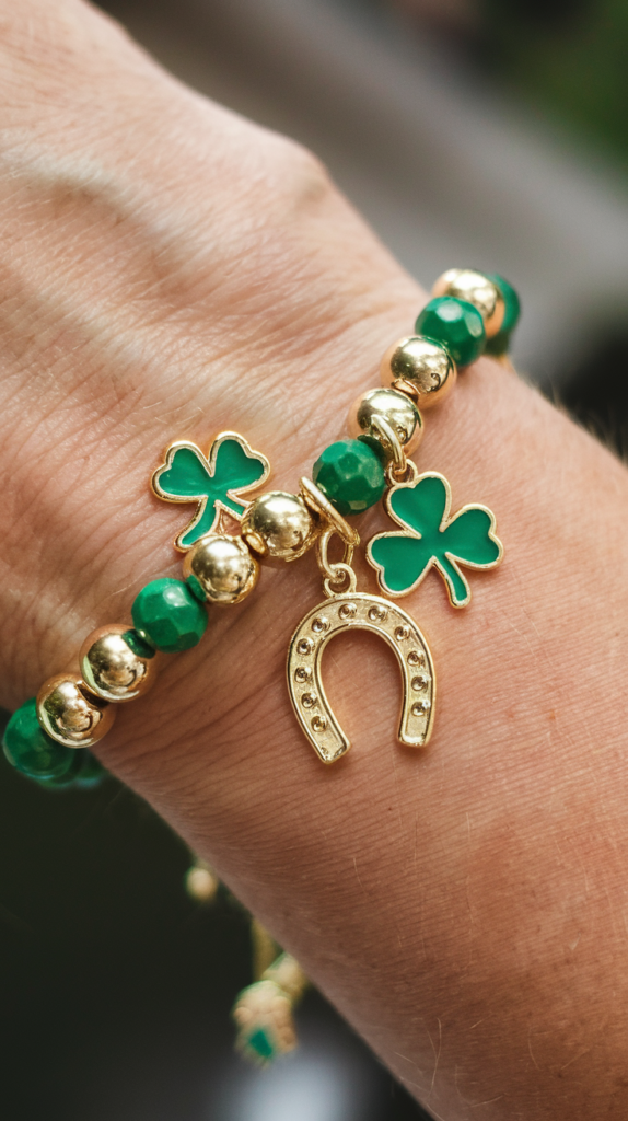 St Patrick's Day crafts: Green and gold friendship bracelets made with beads