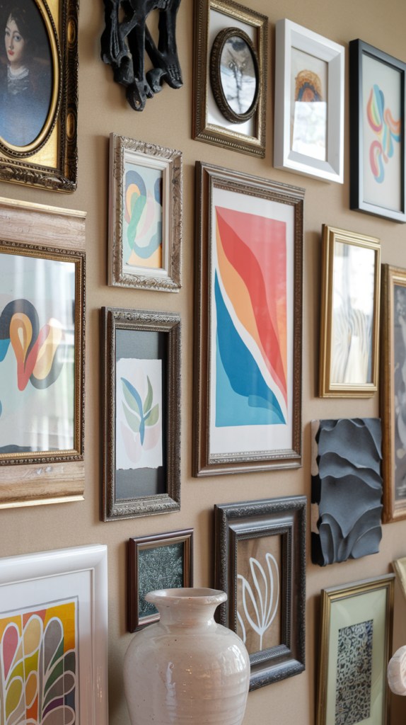 Thrifted Gallery wall showcasing a mix of thrifted artwork including portraits, abstract designs, and decorative elements.