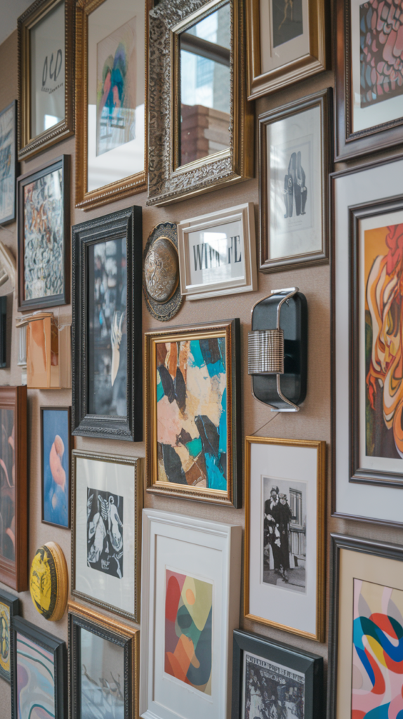 A cozy hallway featuring athrifted  gallery wall made up of various framed artworks and photographs, showcasing an eclectic mix of styles, colors, and themes.
