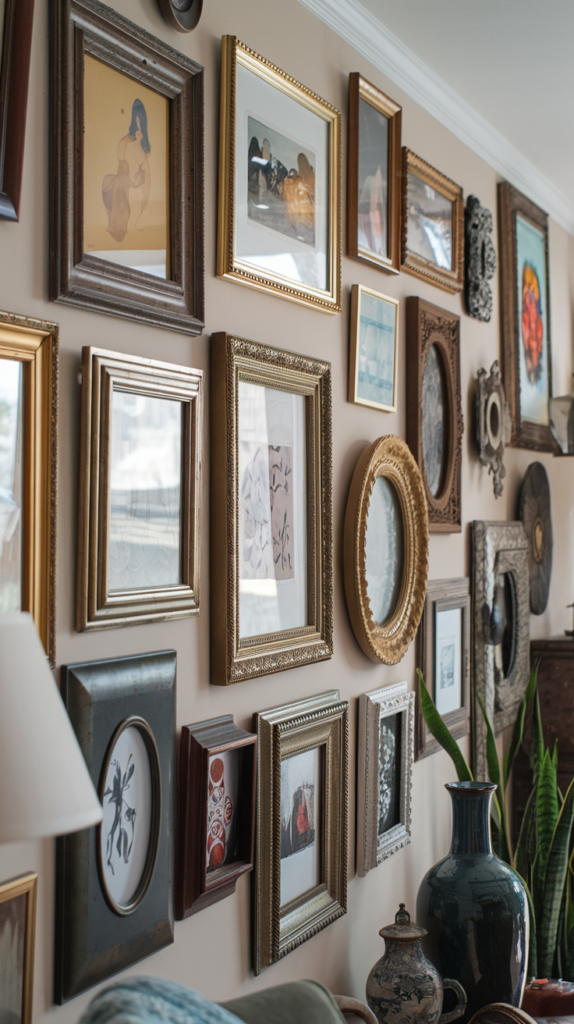 A collection of eclectic vintage frames displaying various artworks and photographs on a thrifted gallery wall in a living room