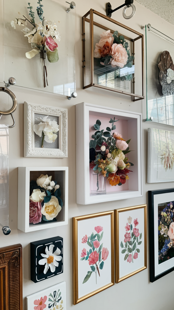 Thrifted Gallery Wall ideas - Artistic Flower arrangements. A gallery wall featuring artworks with artistic flower arrangements displayed in glass frames and  vases in shadow boxes with artificial flowers and pictures made with flowers